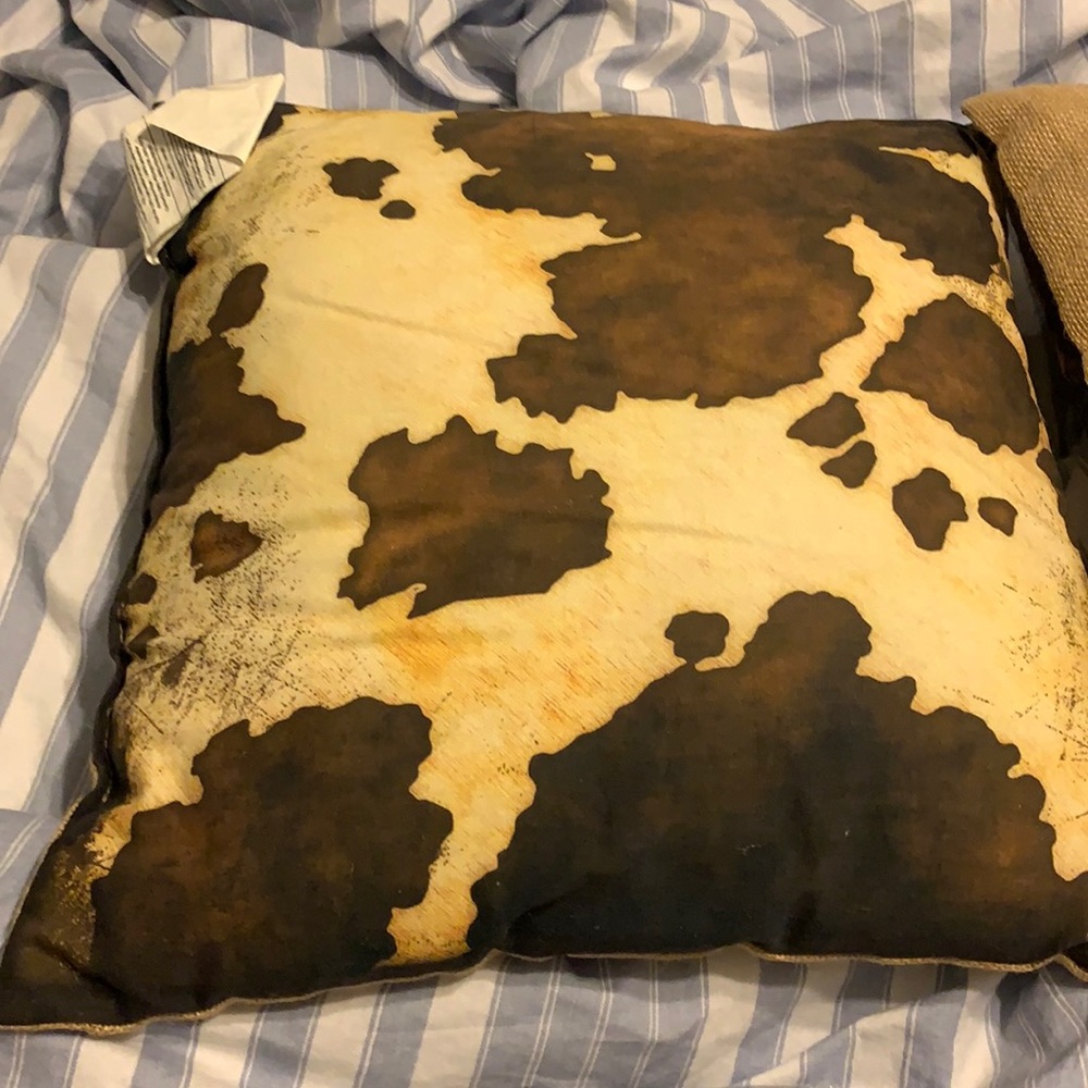 Two cow print pillows with burlap and buttons in back